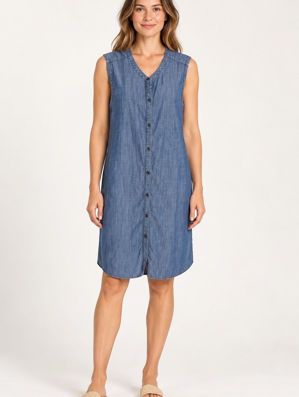 Eileen Fisher Blue Chambray Sleeveless Button-Front Dress – Medium